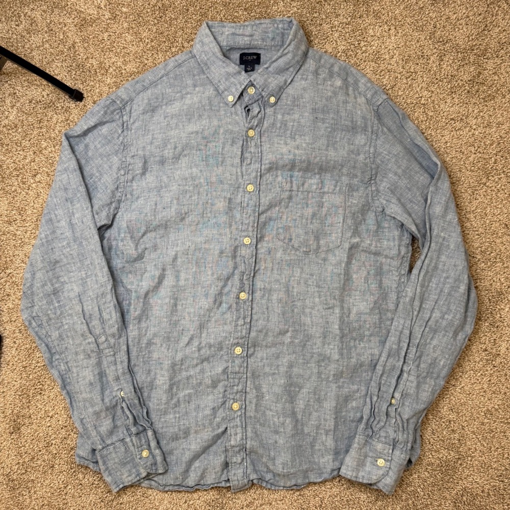 J.Crew Button Down Shirt Mens L Blue 100% Linen Long Sleeve Casual Pocket